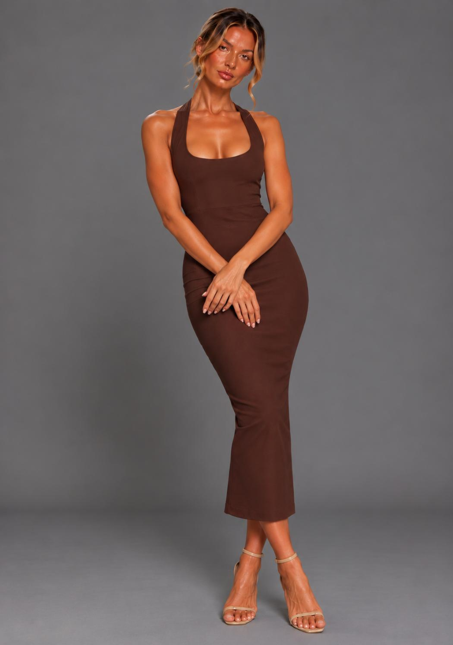 Asher | Scoop Neck Halterneck Bodycon Chocolate Midaxi Dress