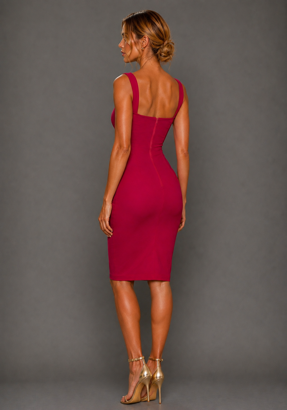 Zada | Square Neck Cerise Midi Dress