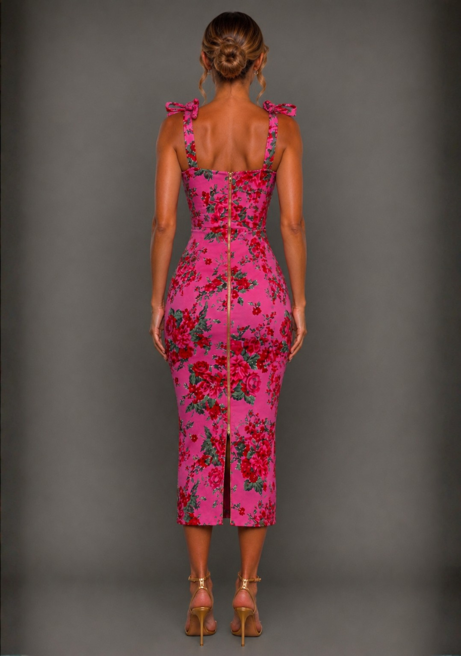 Soraya | Bodycon Tie Strap Pink Floral Midaxi Dress