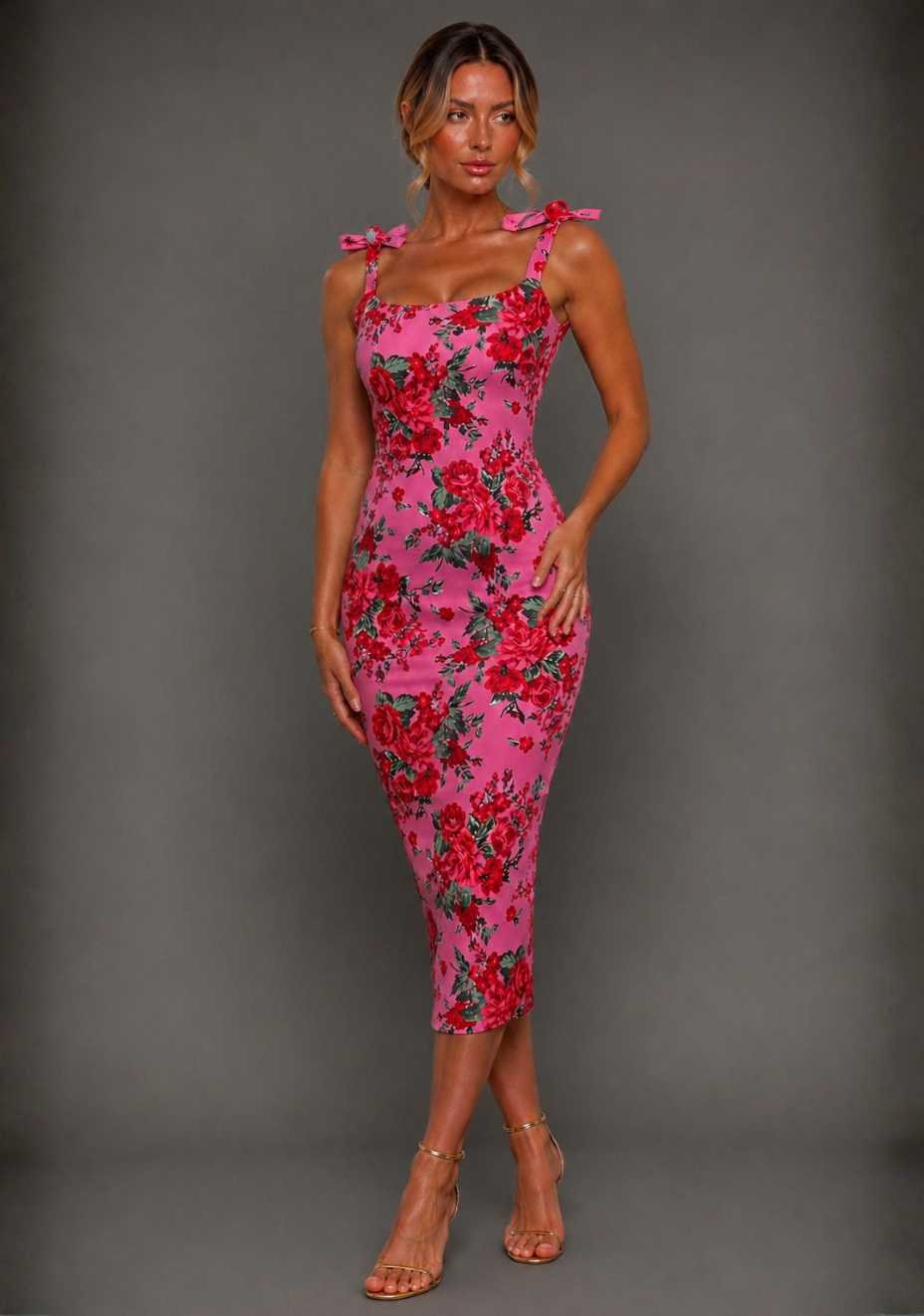 Soraya | Bodycon Tie Strap Pink Floral Midaxi Dress