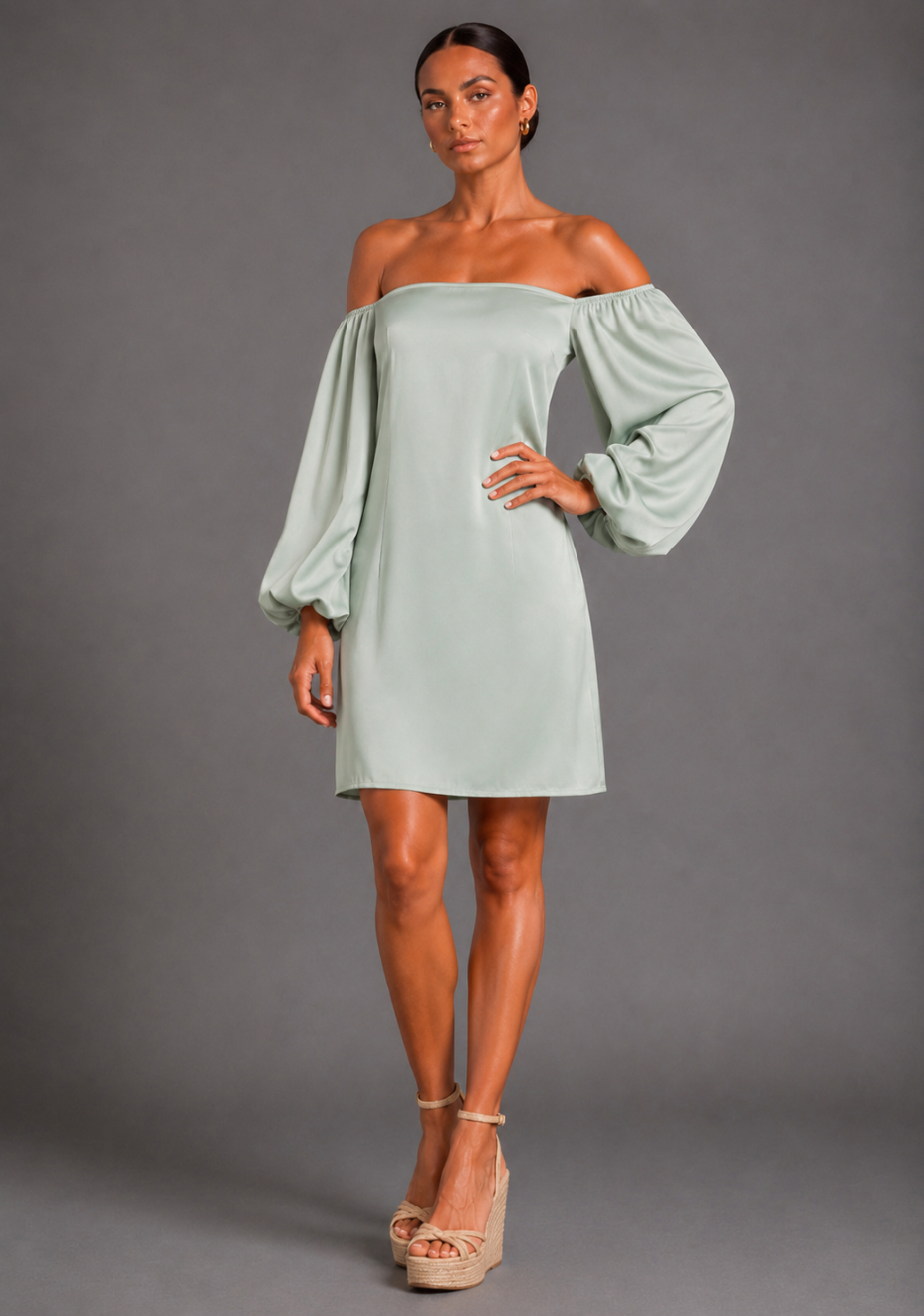 Kirby | Bardot Long Sleeve Sage Mini Dress