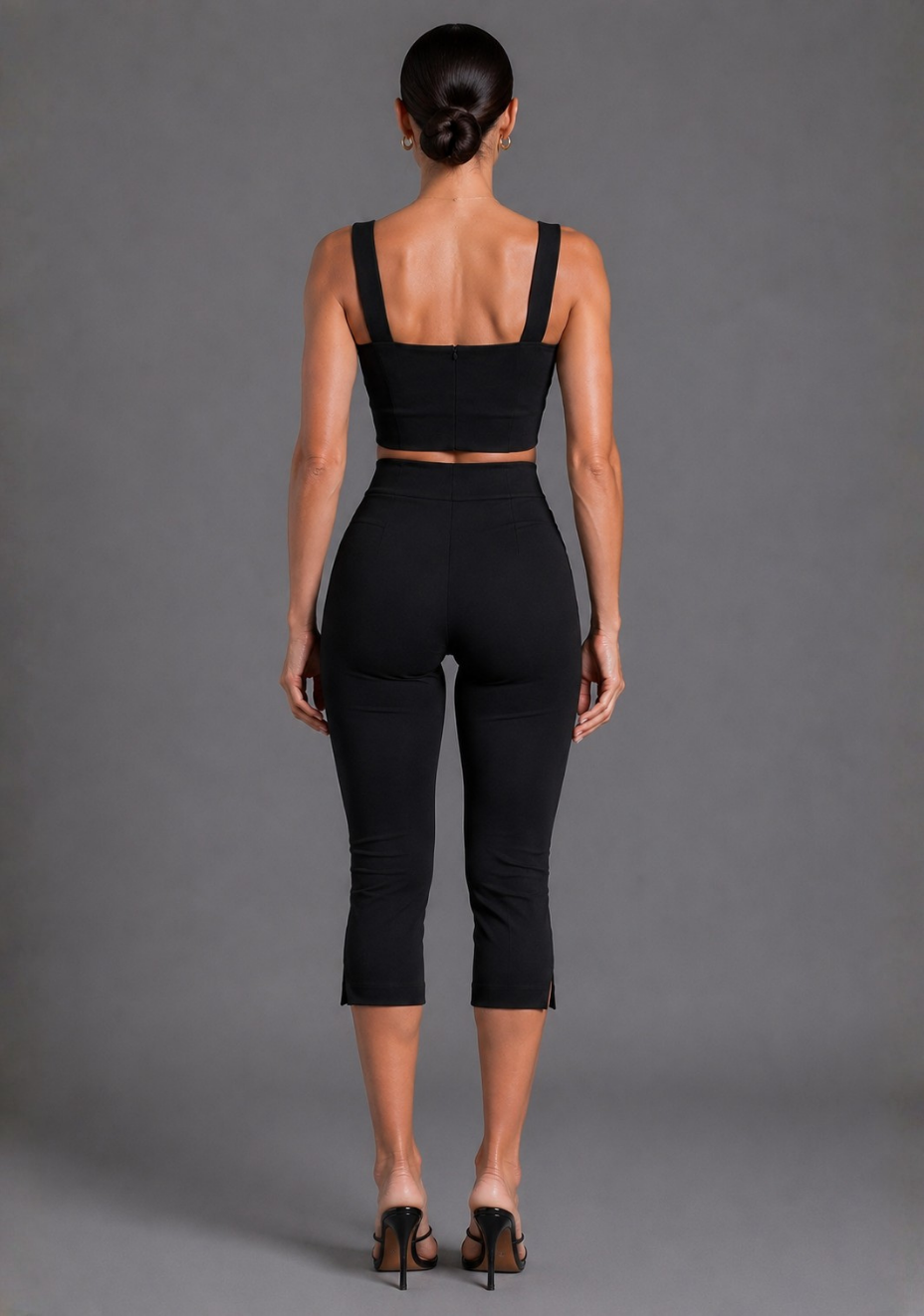 Capri | Cropped Black Button Detail Trousers