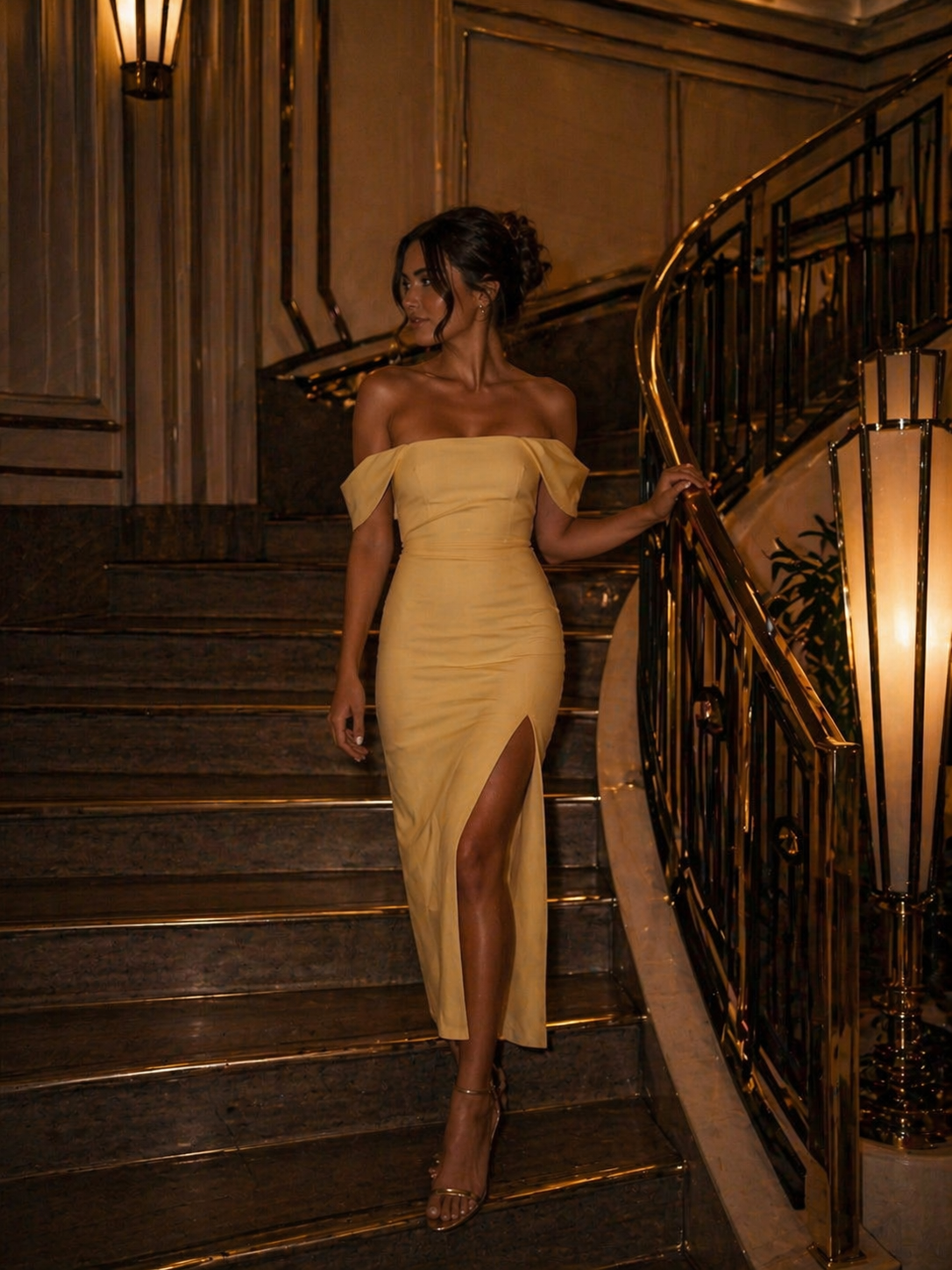 Woman in a yellow off-shoulder dress walking up a staircase in an elegant interior setting.