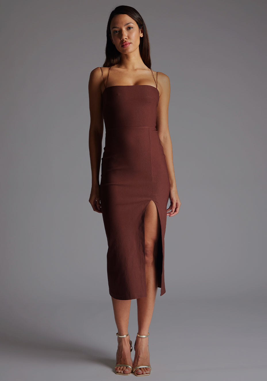 Alyssa | Strappy Thigh Split Chocolate Midaxi Dress