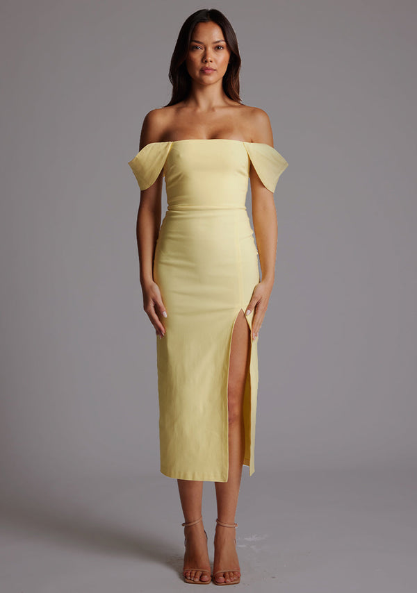 Astra | Bardot With Thigh Split Midaxi Dress - Lemon