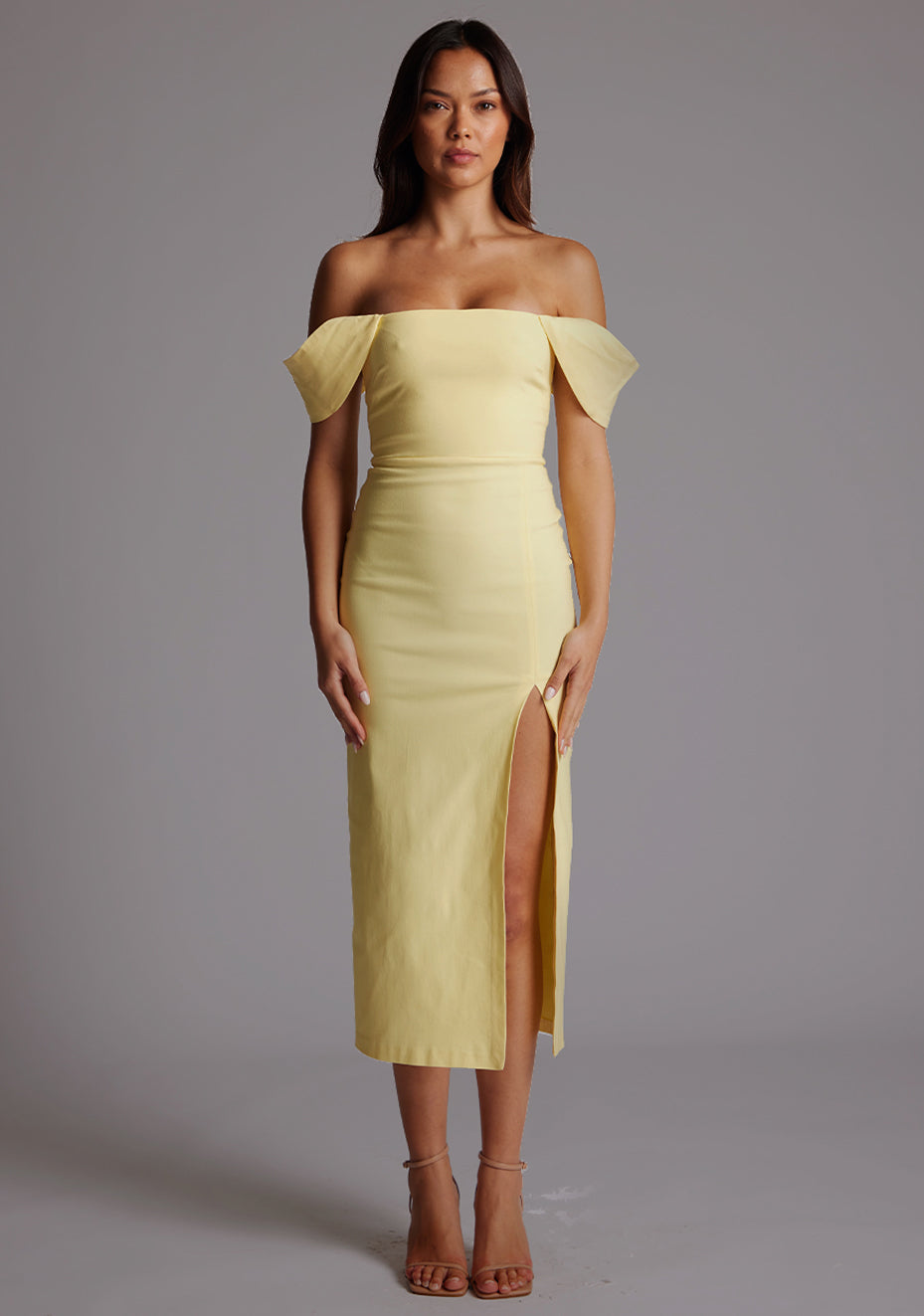 Astra | Bardot Lemon Midaxi Dress With Thigh Split