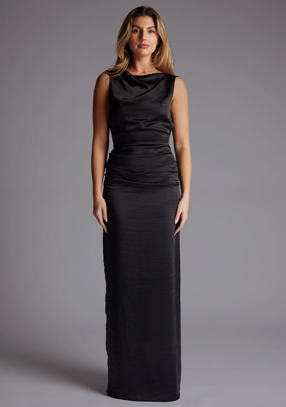 Bertie | Open Back Satin Black Maxi Dress
