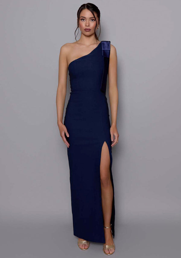 Cedar | One Shoulder Bow Shoulder Maxi Dress - Navy