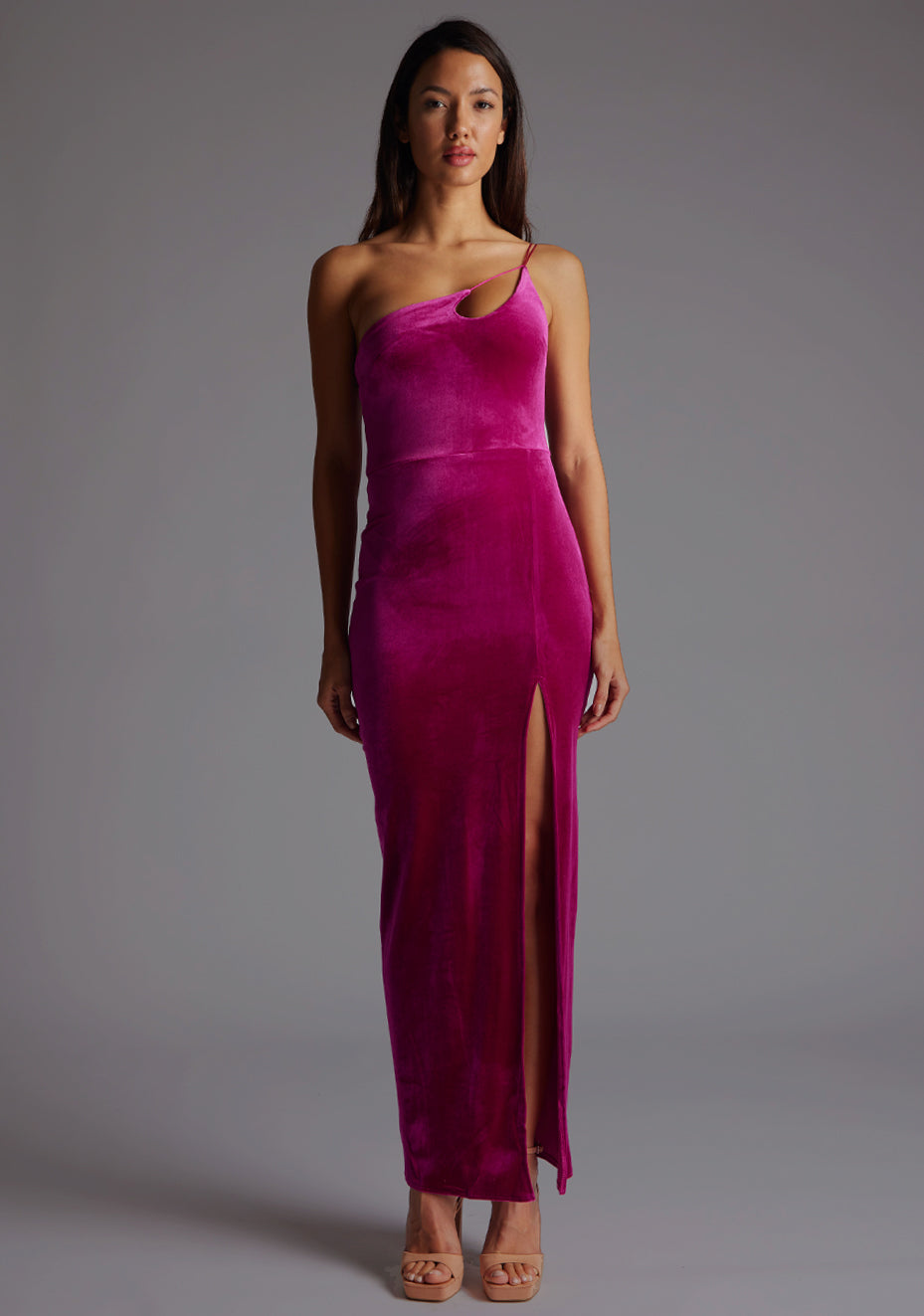Daniella | One Shoulder Velvet Magenta Maxi Dress