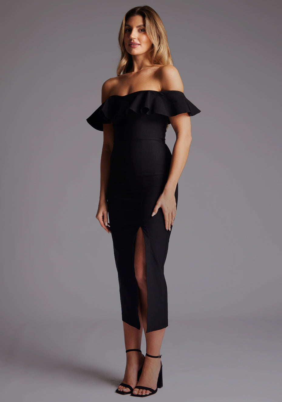 Deirdre | Bardot Off-Shoulder Frill Black Midaxi Dress