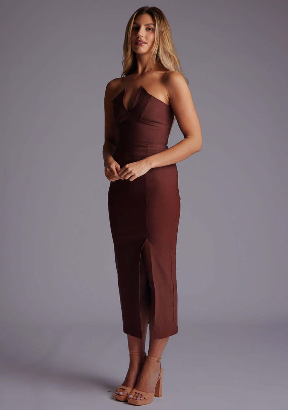Delaney | Strapless V-Front Chocolate Midaxi Dress