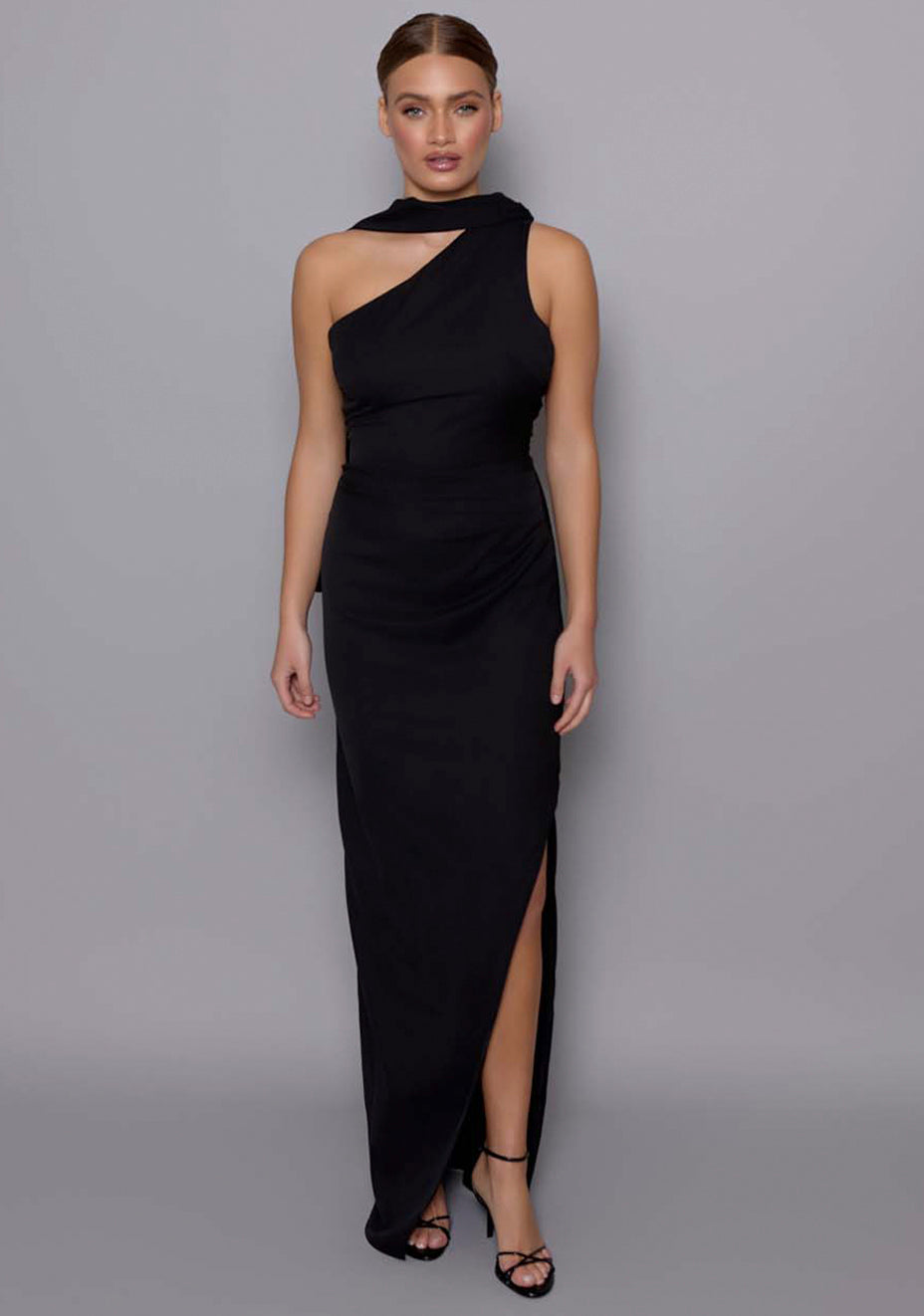 Drew | One Shoulder Drape Detail Black Maxi Dress