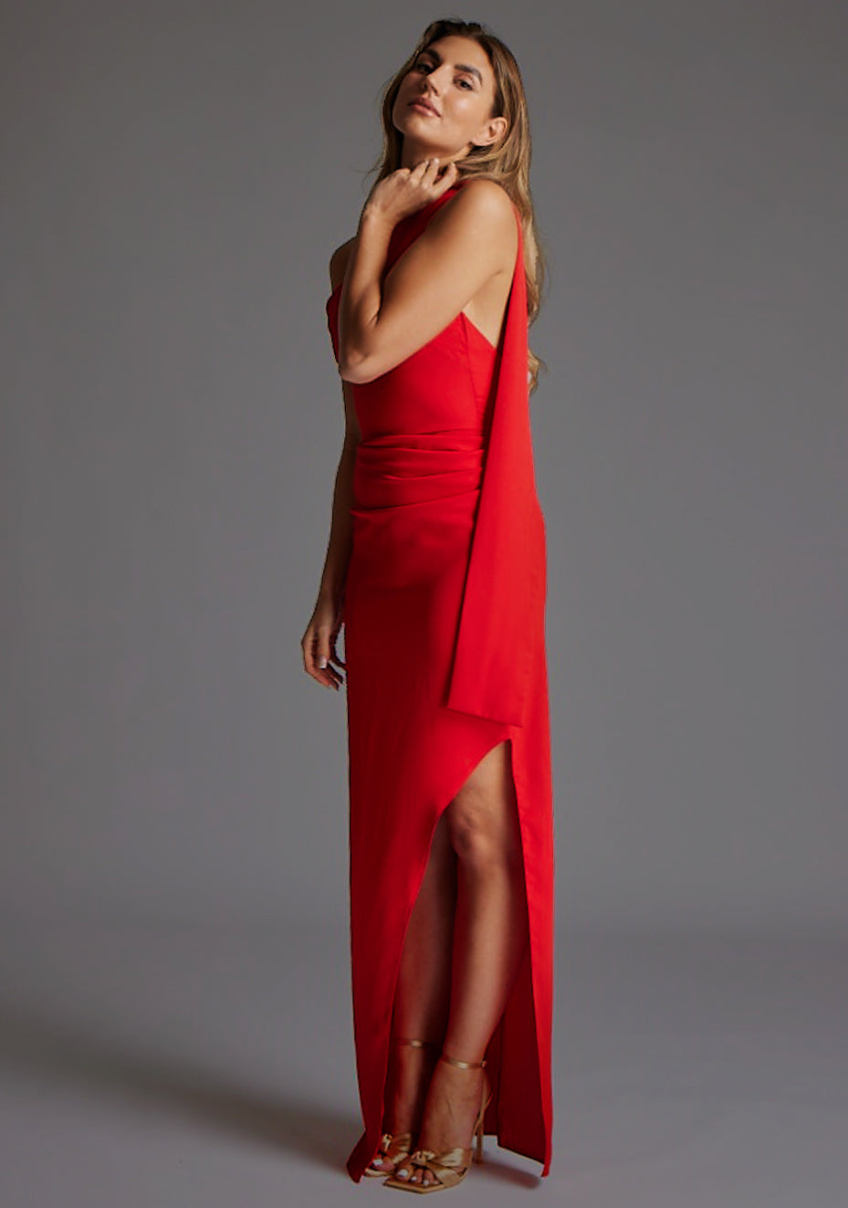 Drew | One Shoulder Drape Detail Red Maxi Dress