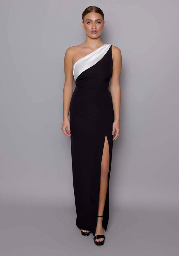 Fliss | One Shoulder Contrast Satin Band Maxi Dress - Monochrome