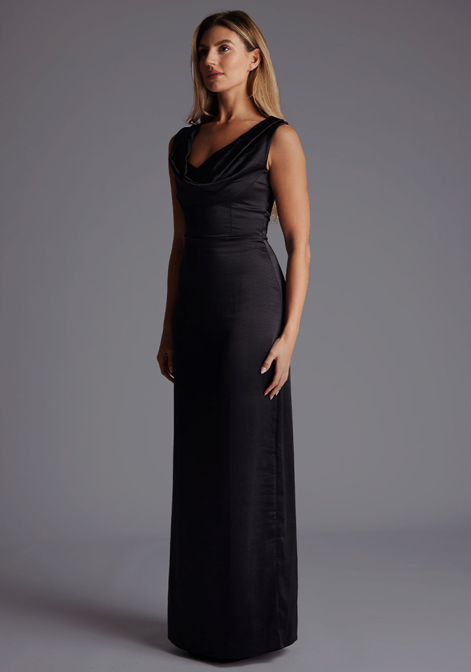 Jodie | Cowl Neck Satin Black Maxi Dress