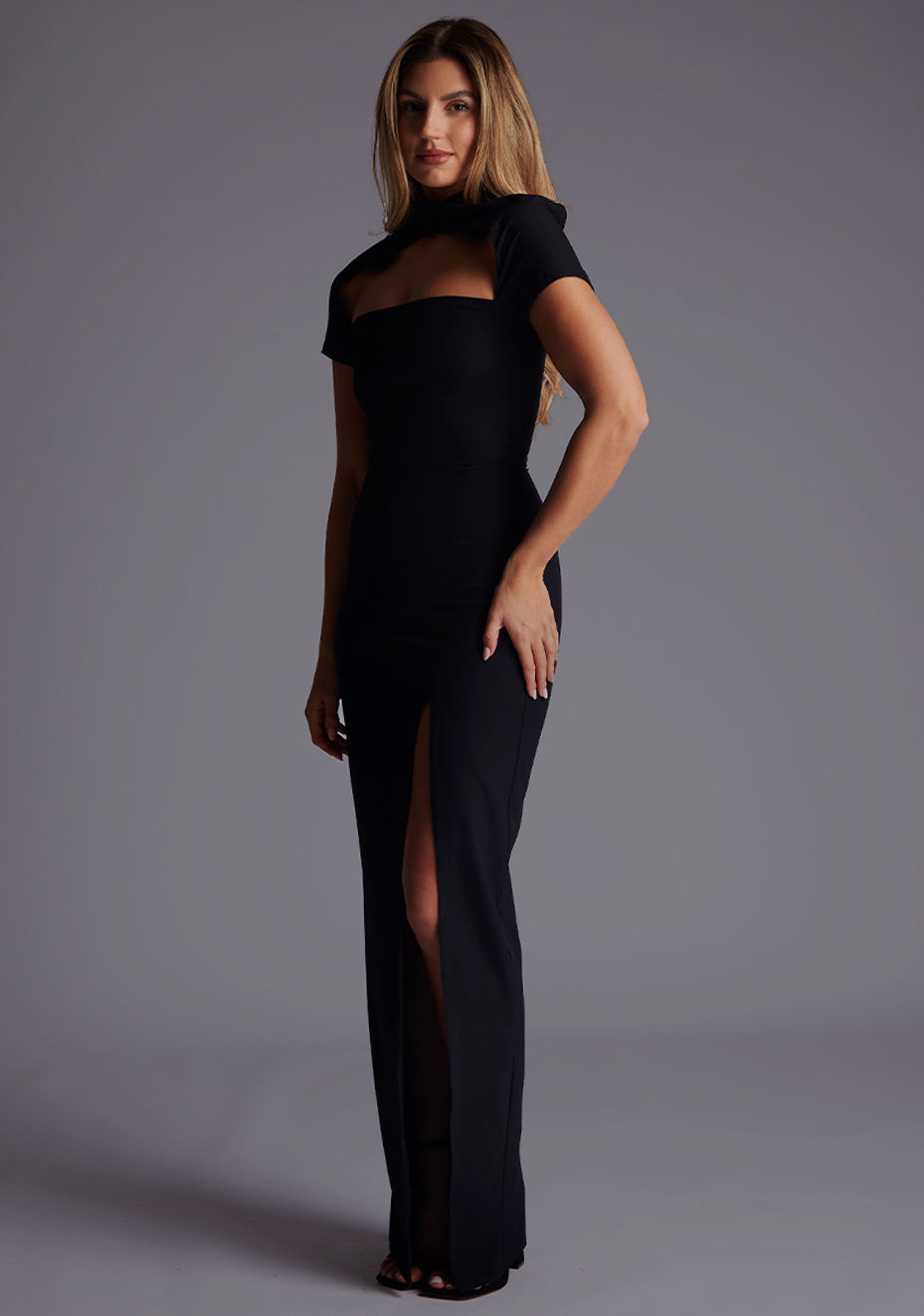 Josephine | High Neck Short Sleeve Black Maxi Dress