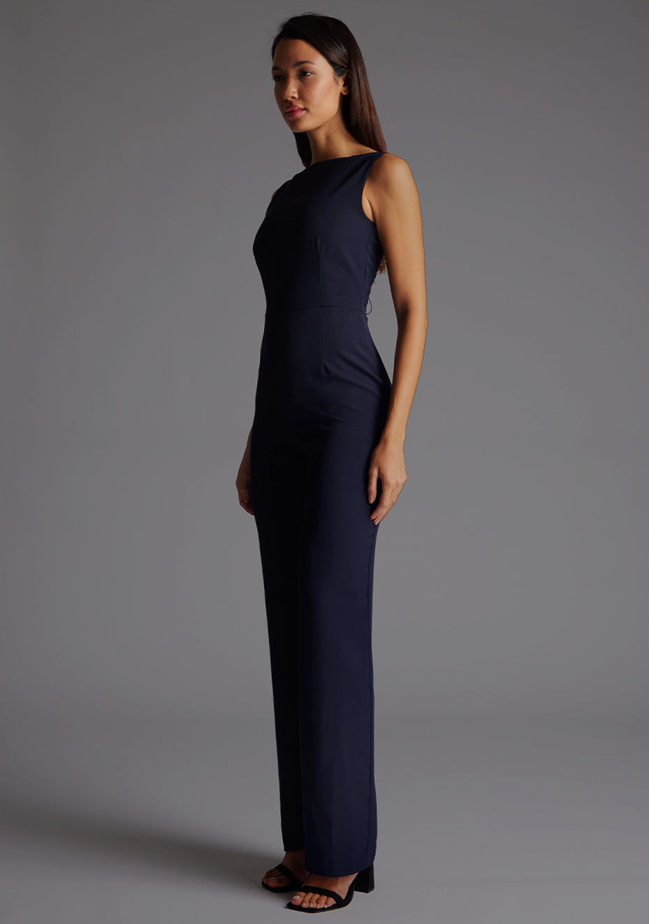 Lilium | Lace Up Back Navy Wide Leg Jumpsuit