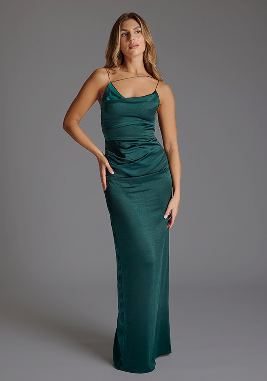 Lorah | Satin Drape Pine Green Maxi Dress