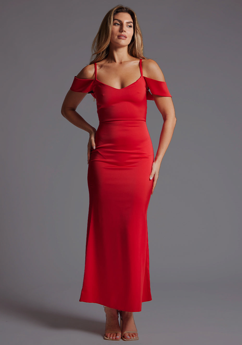 Luisa | Bardot Satin Red Maxi Dress