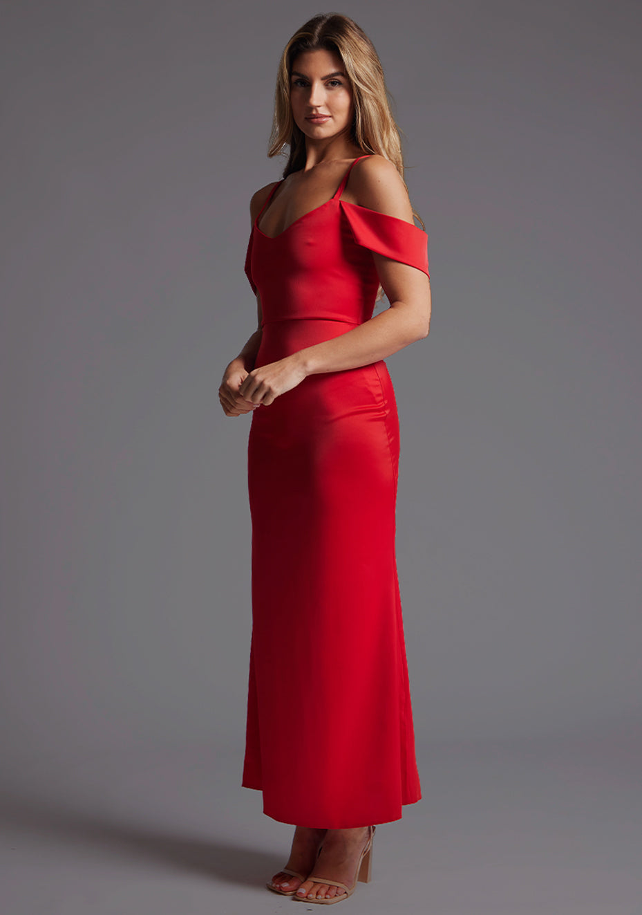 Luisa | Bardot Satin Red Maxi Dress