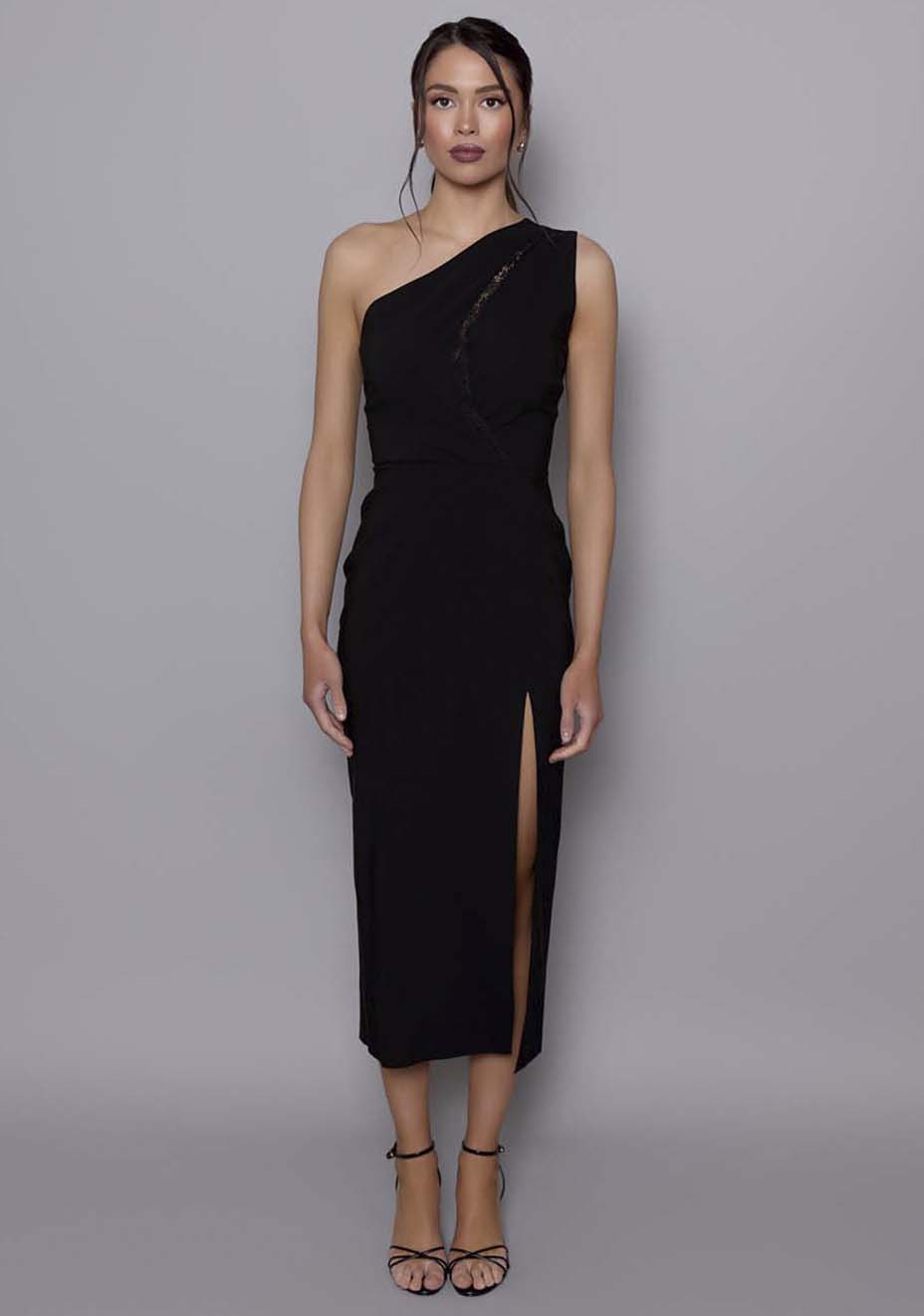 Madison | One Shoulder Lace Detail Black Midaxi Dress