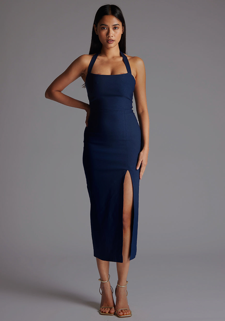 Maria | Halterneck Thigh Split Navy Midaxi Dress