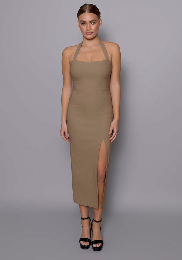 Maria | Halterneck Thigh Split Midaxi Dress - Taupe