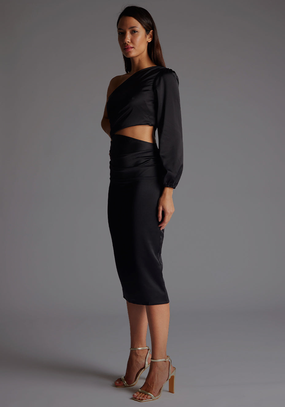 Niccola | One Sleeve Satin Black Midi Dress