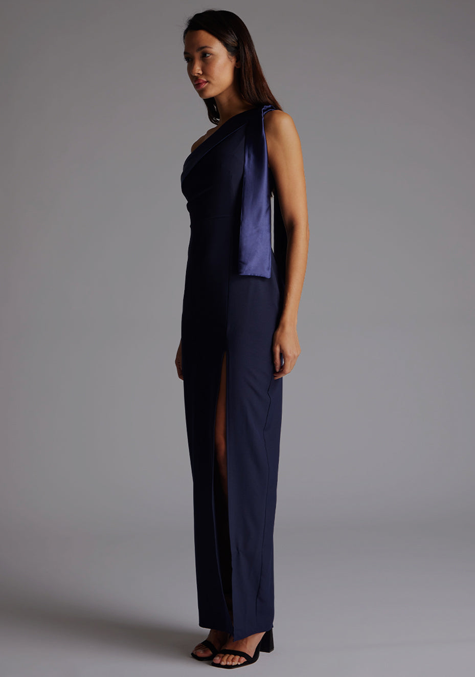 Olympia | One Shoulder Navy Maxi Dress With Satin Drape Detail