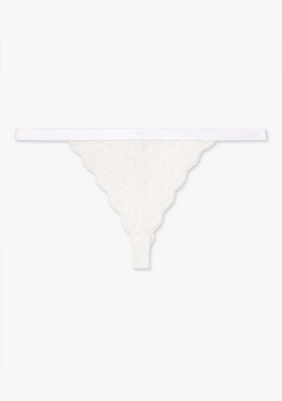Orla thong in stone and white, designed with floral lace details, placed on a smooth, light-colored surface.