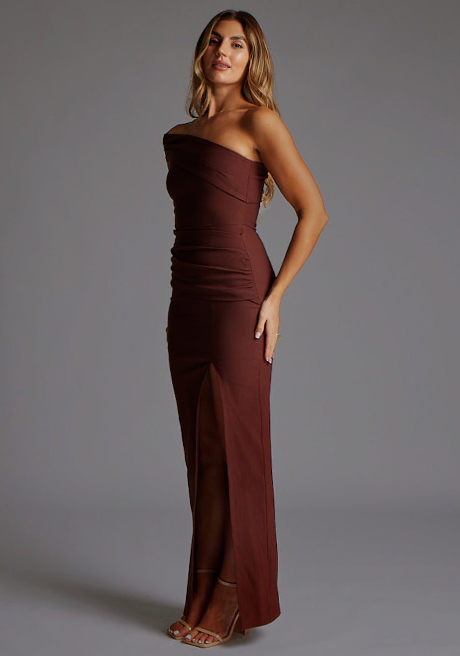 Pearson | Bardot Ruched Chocolate Maxi Dress