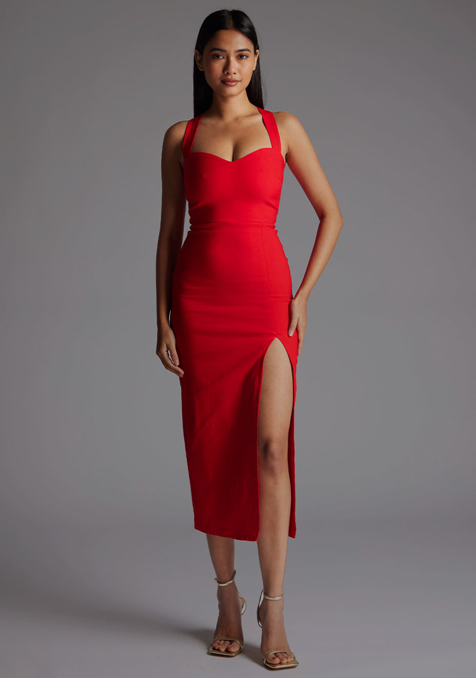 Poppy | Sweetheart Cross Strap Red Midaxi Dress