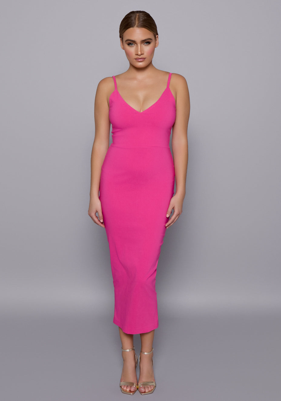 Rea | Plunge Neck Bodycon Cerise Midaxi Dress