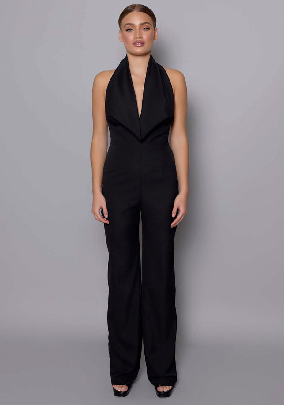 Zinna | Wide Leg Plunge Cowl Neck Black Jumpsuit