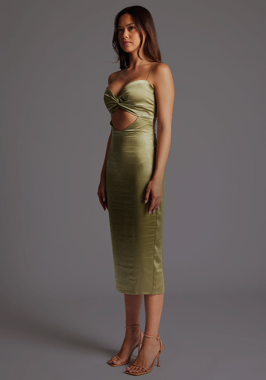 Autumn | Sweetheart Neckline Satin Olive Midaxi Dress