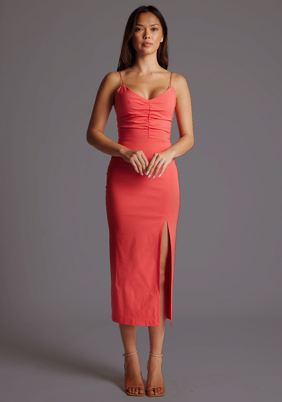 Bronwen | Ruched Bust Coral Midaxi Dress