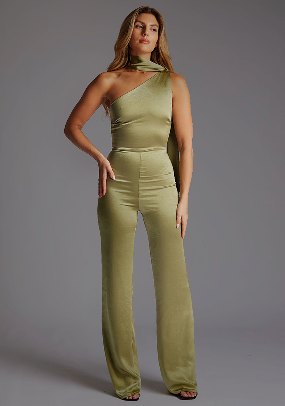 Kaitlin | Scarf Detail One Shoulder Olive Jumpsuit