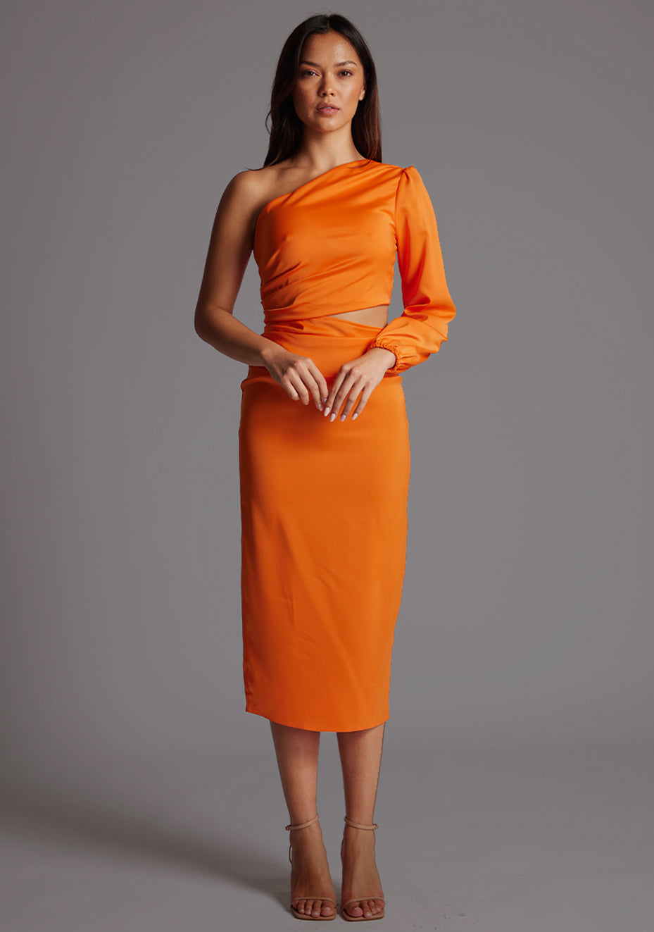 Niccola | One Sleeve Satin Orange Midi Dress