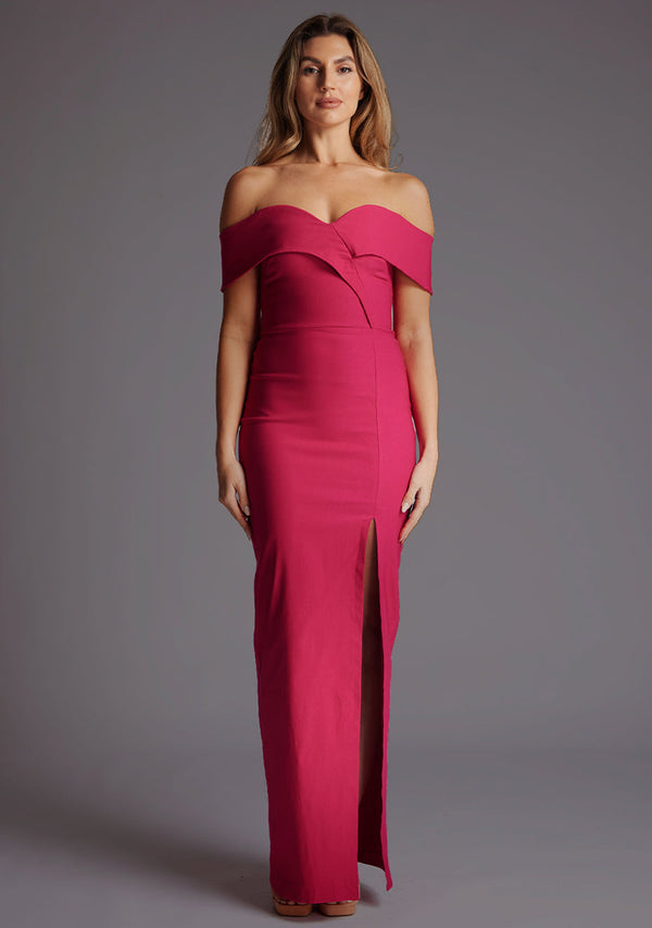 Ivory | Bardot Neckline Maxi Dress - Cerise