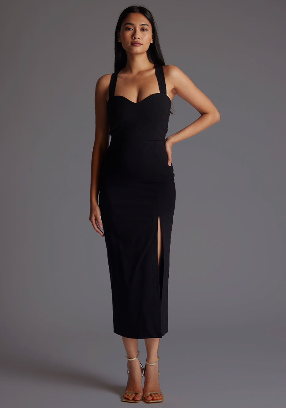 Poppy | Sweetheart Cross Strap Black Midaxi Dress