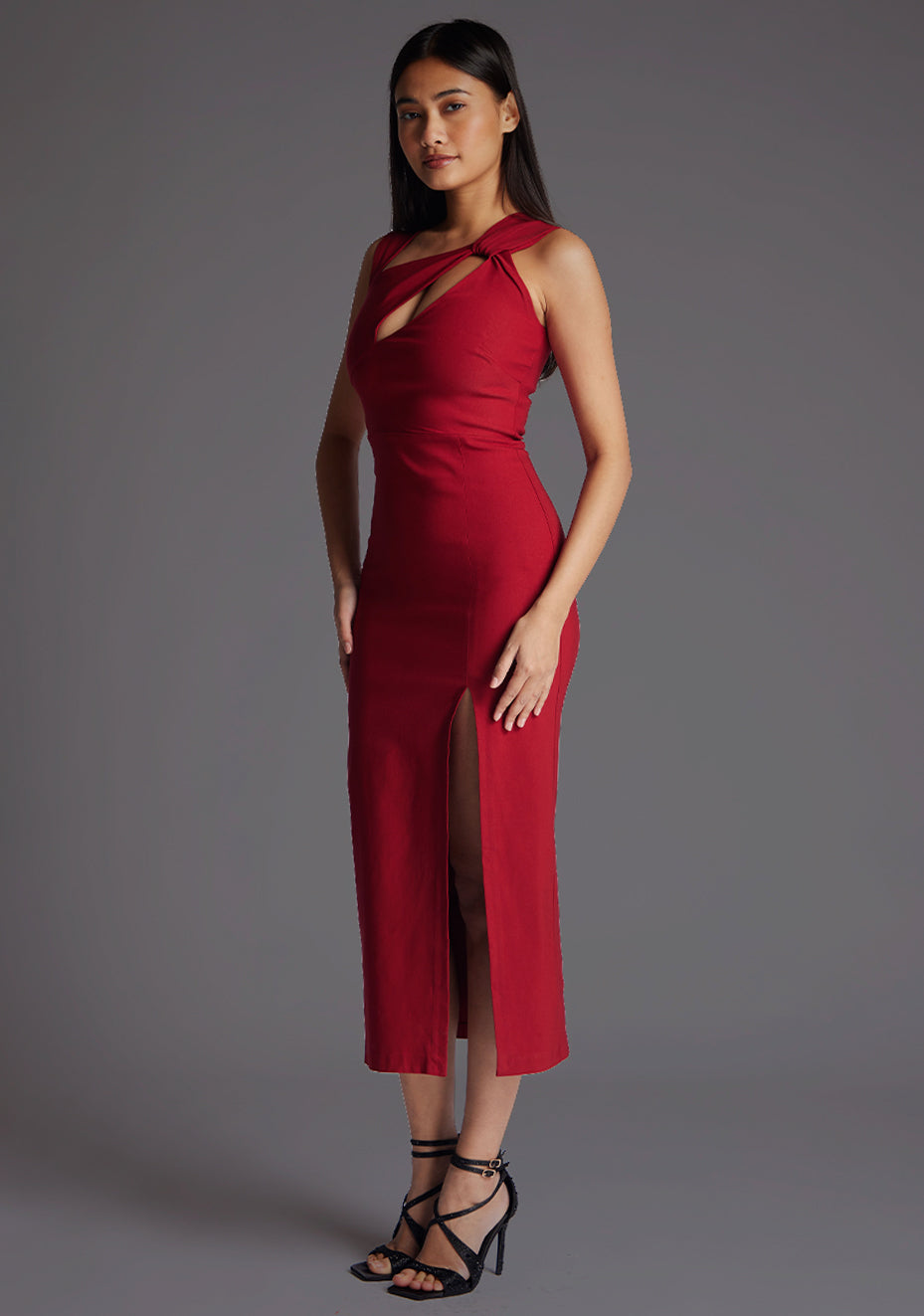 Queenie | Asymmetric Neckline Wine Midaxi Dress