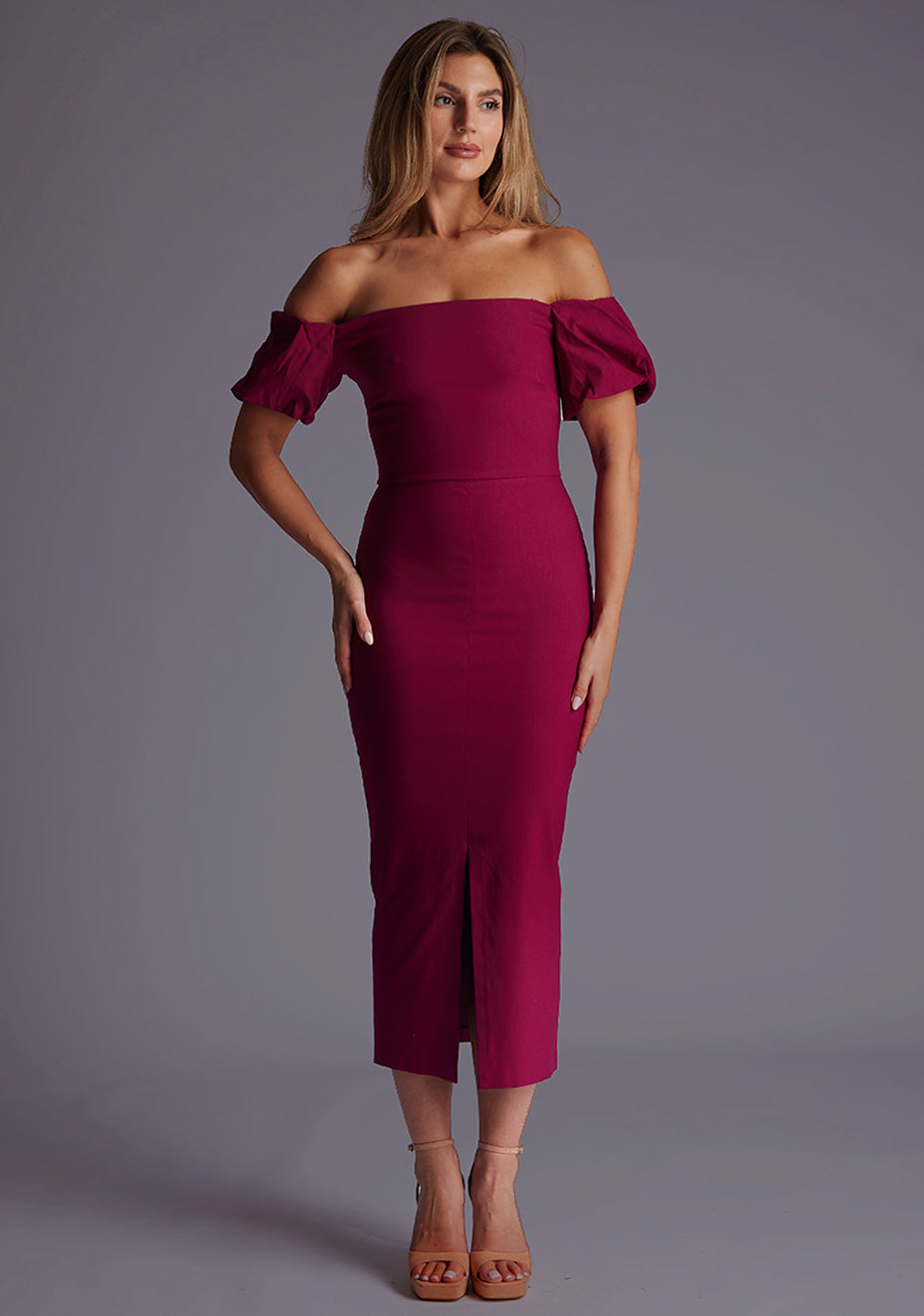 Quinton | Bardot Puff Sleeve Berry Midaxi Dress