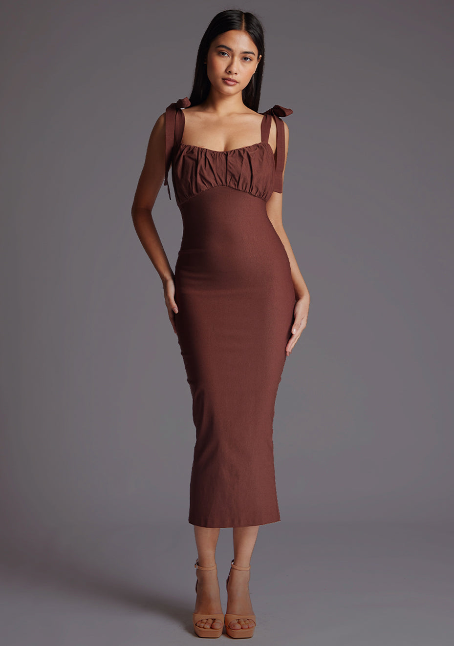 Rapunzel | Ruched Bust Bodycon Chocolate Midaxi Dress