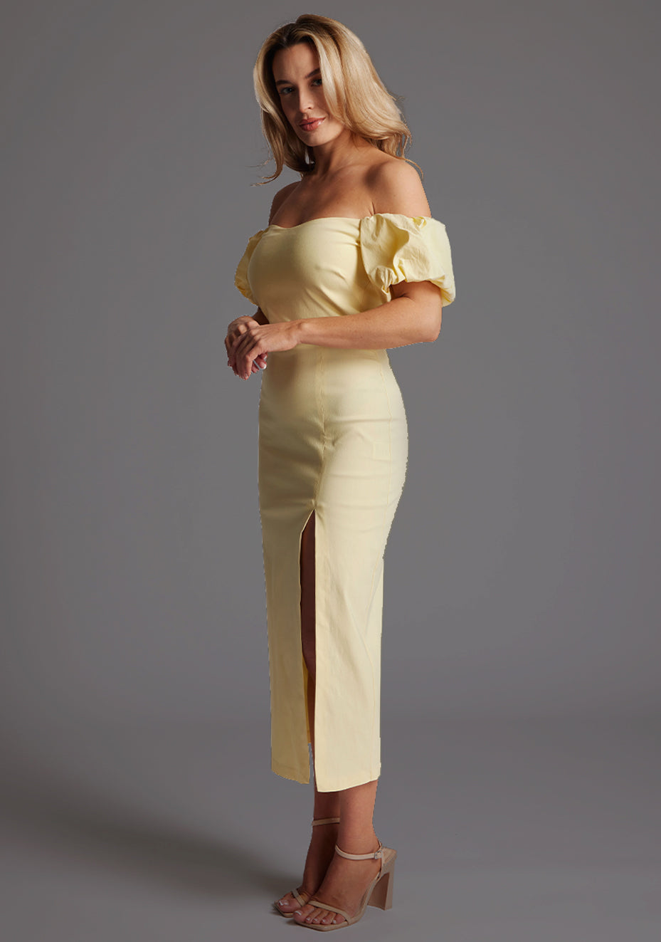 River | Bardot Lace Up Back Lemon Midaxi Dress