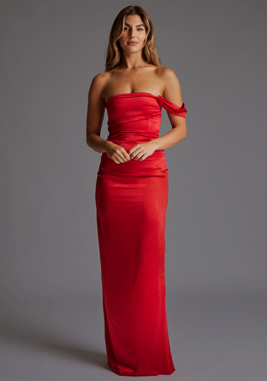 Roselie | Draped Satin Red Maxi Dress