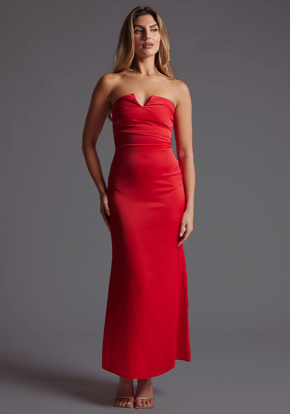 Sabine | Strapless Notch Front Red Maxi Dress