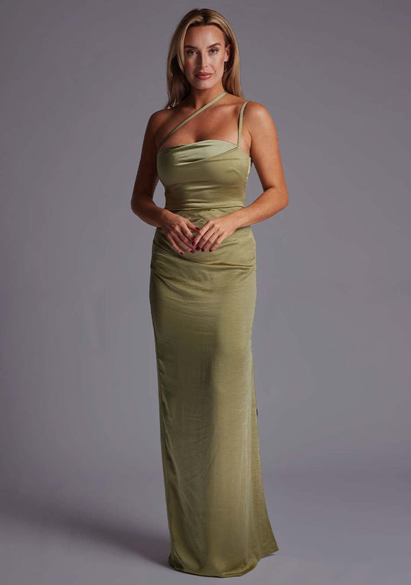 Solange | Satin Ruched Waist Maxi Dress - Olive