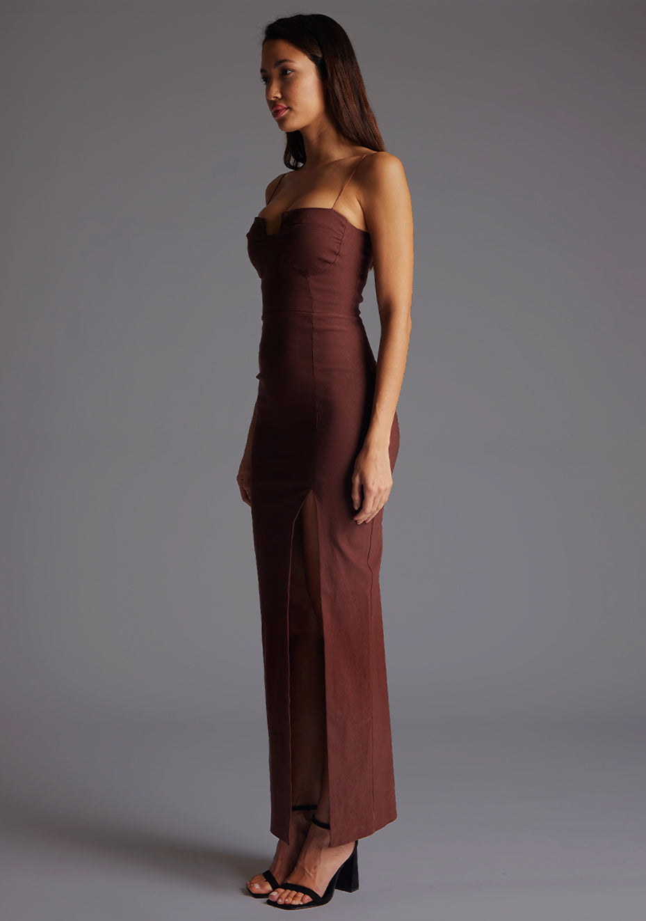 Suki | Cami Strap Cup Detail Chocolate Maxi Dress