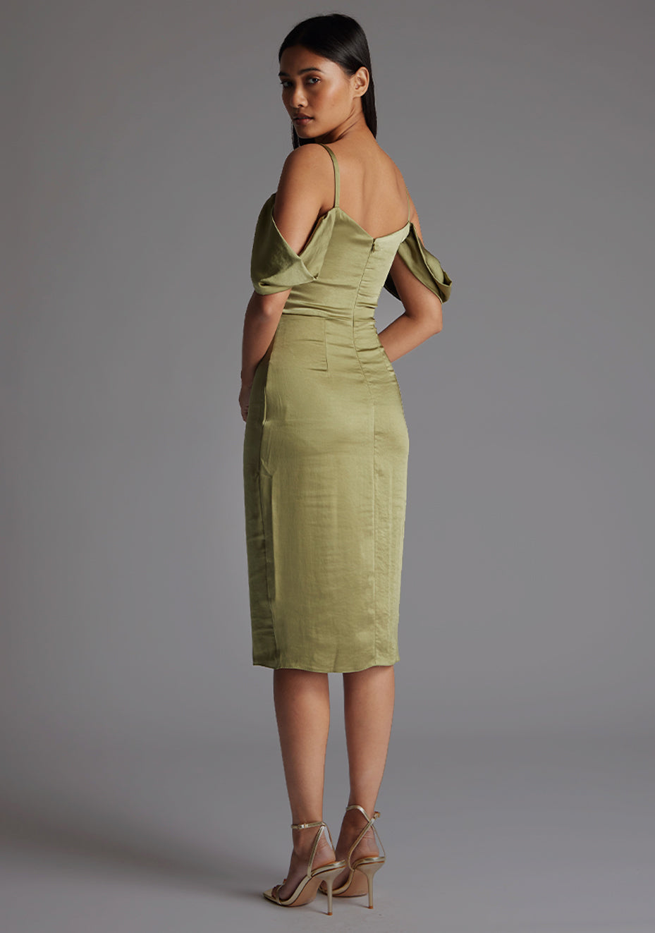 Victoria | Bardot Draped Bust Satin Olive Midi Dress